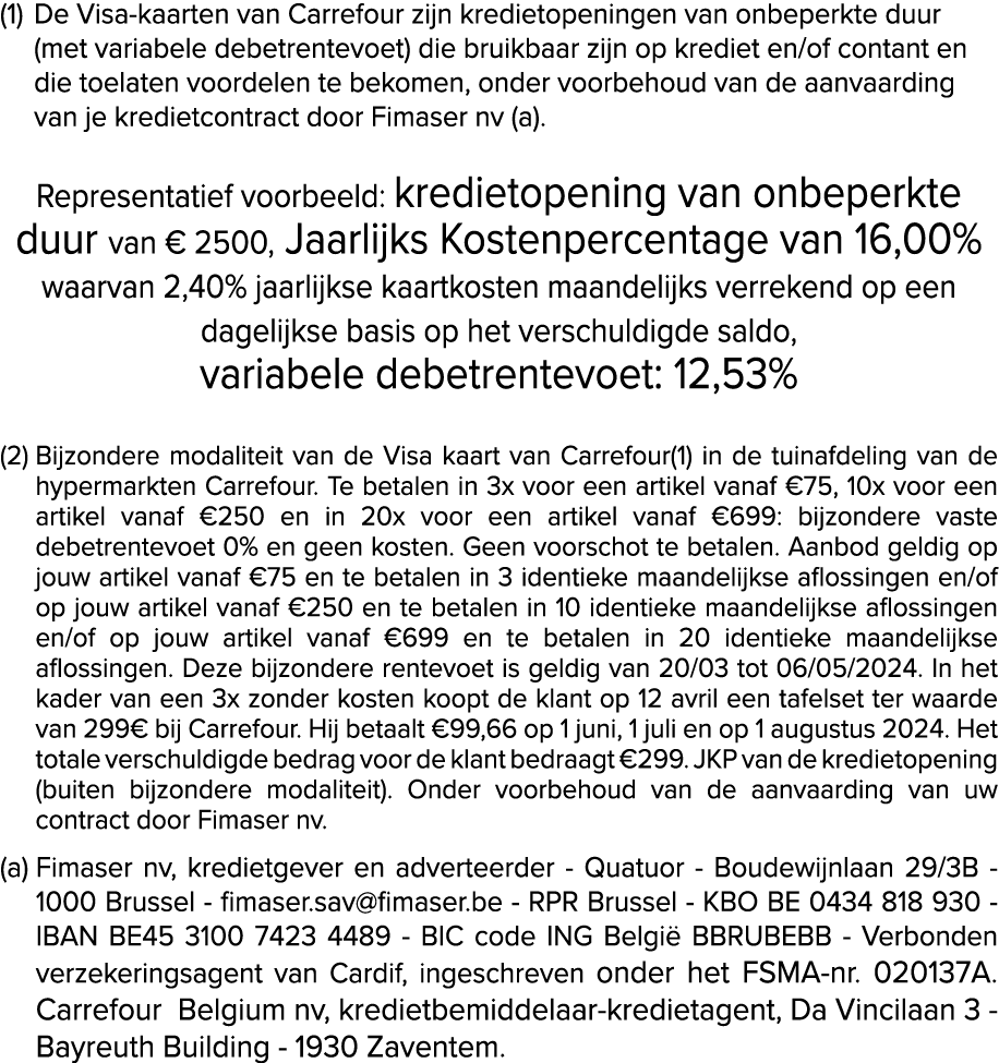 (1) De Visa kaarten van Carrefour zijn kredietopeningen van onbeperkte duur (met variabele debetrentevoet) die bruikb...